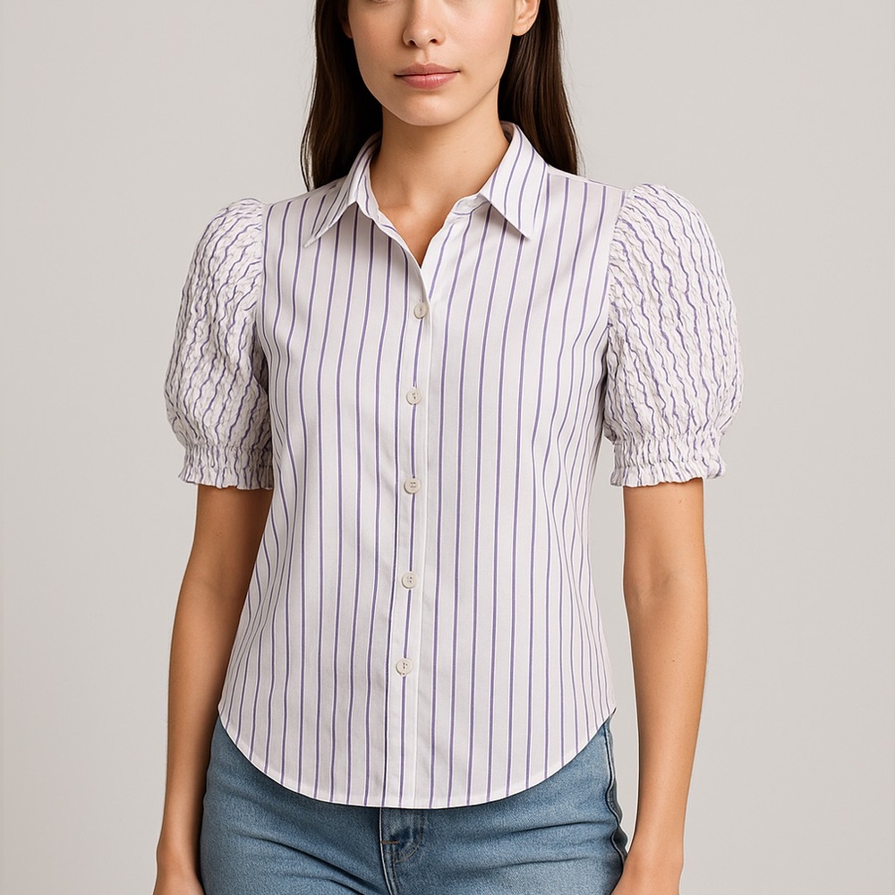 NWOT Petersyn smocked puff‎ short sleeve button front top, white with stripes